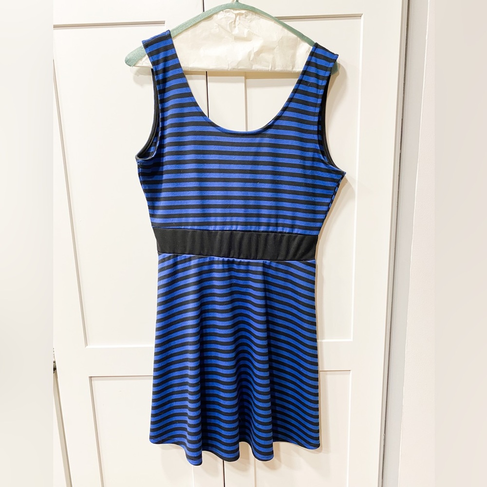 O-Sher Black & Blue Striped Mini Dress